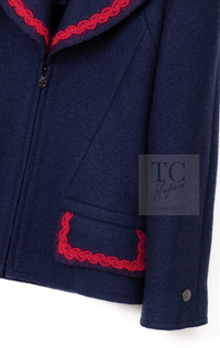 CHANEL 97A Vintage Navy Red Trim Wool Zipup Jacket Coat 36 38 シャネル ヴィンテージ ネイビー レッド トリミング ウール ジッパー ジャケット コート 即発