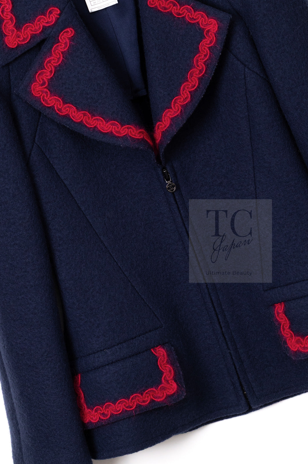 CHANEL 97A Vintage Navy Red Trim Wool Zipup Jacket Coat 36 38 シャネル ヴィンテージ ネイビー レッド トリミング ウール ジッパー ジャケット コート 即発