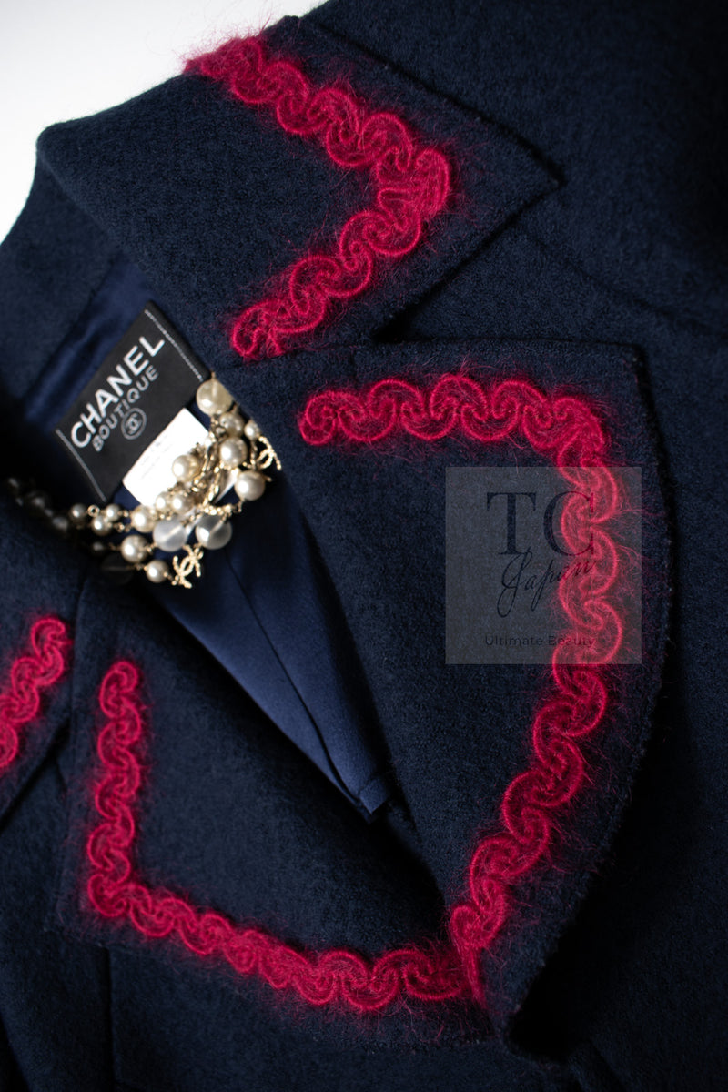 CHANEL 97A Vintage Navy Red Trim Wool Zipup Jacket Coat 36 38 シャネル ヴィンテージ ネイビー レッド トリミング ウール ジッパー ジャケット コート 即発