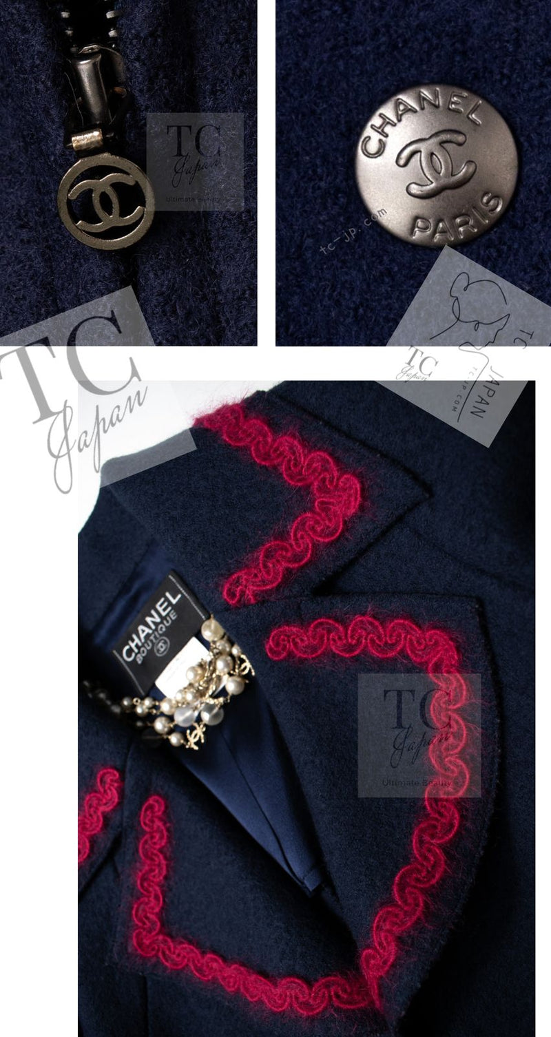 CHANEL 97A Vintage Navy Red Trim Wool Zipup Jacket Coat 36 38 シャネル ヴィンテージ ネイビー レッド トリミング ウール ジッパー ジャケット コート 即発