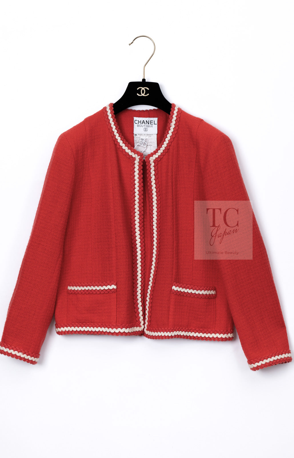 CHANEL 87S Vintage Red Ivory Trimming Wool Tweed Jacket Skirt Suit 38 40 シャネル ヴィンテージ レッド アイボリー トリミング ウール ツイード ジャケット スカート スーツ 即発