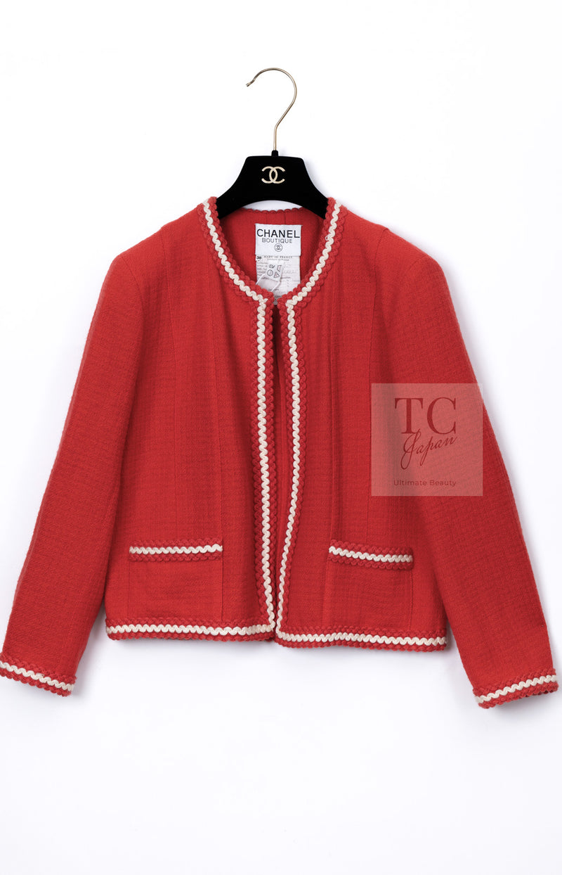 CHANEL 87S Vintage Red Ivory Trimming Wool Tweed Jacket Skirt Suit 38 40 シャネル ヴィンテージ レッド アイボリー トリミング ウール ツイード ジャケット スカート スーツ 即発