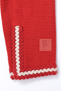 CHANEL 87S Vintage Red Ivory Trimming Wool Tweed Jacket Skirt Suit 38 40 シャネル ヴィンテージ レッド アイボリー トリミング ウール ツイード ジャケット スカート スーツ 即発