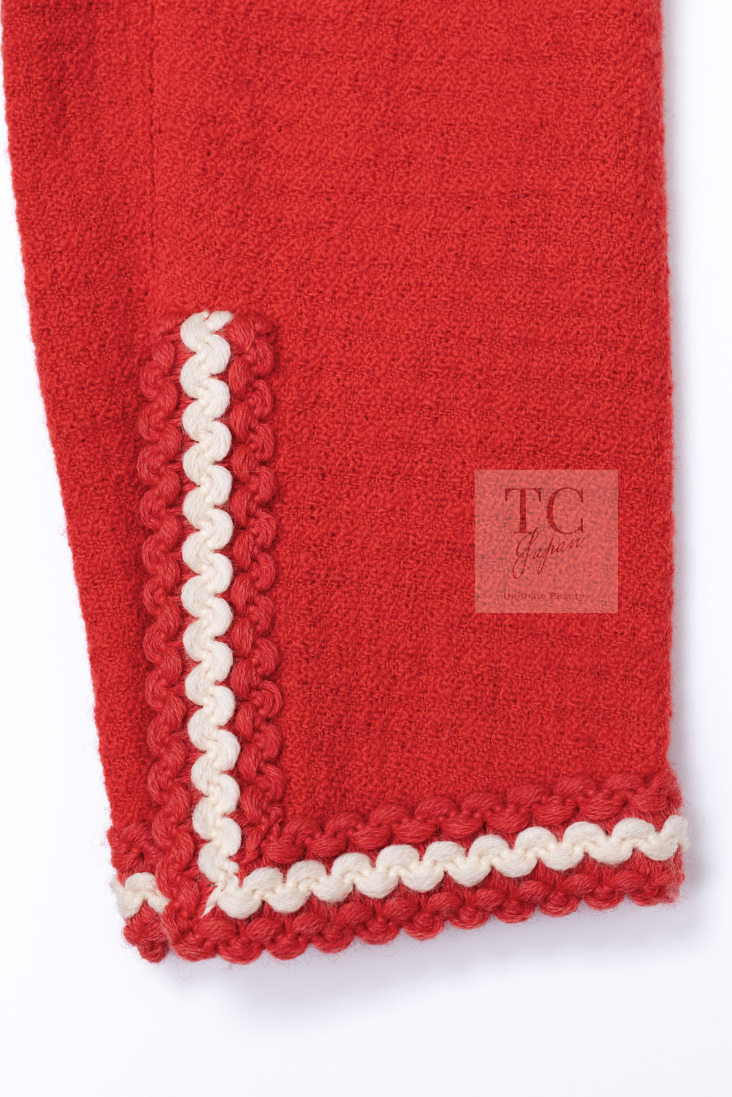 CHANEL 87S Vintage Red Ivory Trimming Wool Tweed Jacket Skirt Suit 38 40 シャネル ヴィンテージ レッド アイボリー トリミング ウール ツイード ジャケット スカート スーツ 即発