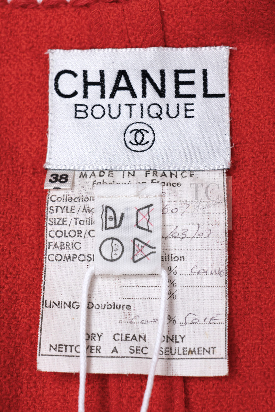 CHANEL 87S Vintage Red Ivory Trimming Wool Tweed Jacket Skirt Suit 38 40 シャネル ヴィンテージ レッド アイボリー トリミング ウール ツイード ジャケット スカート スーツ 即発