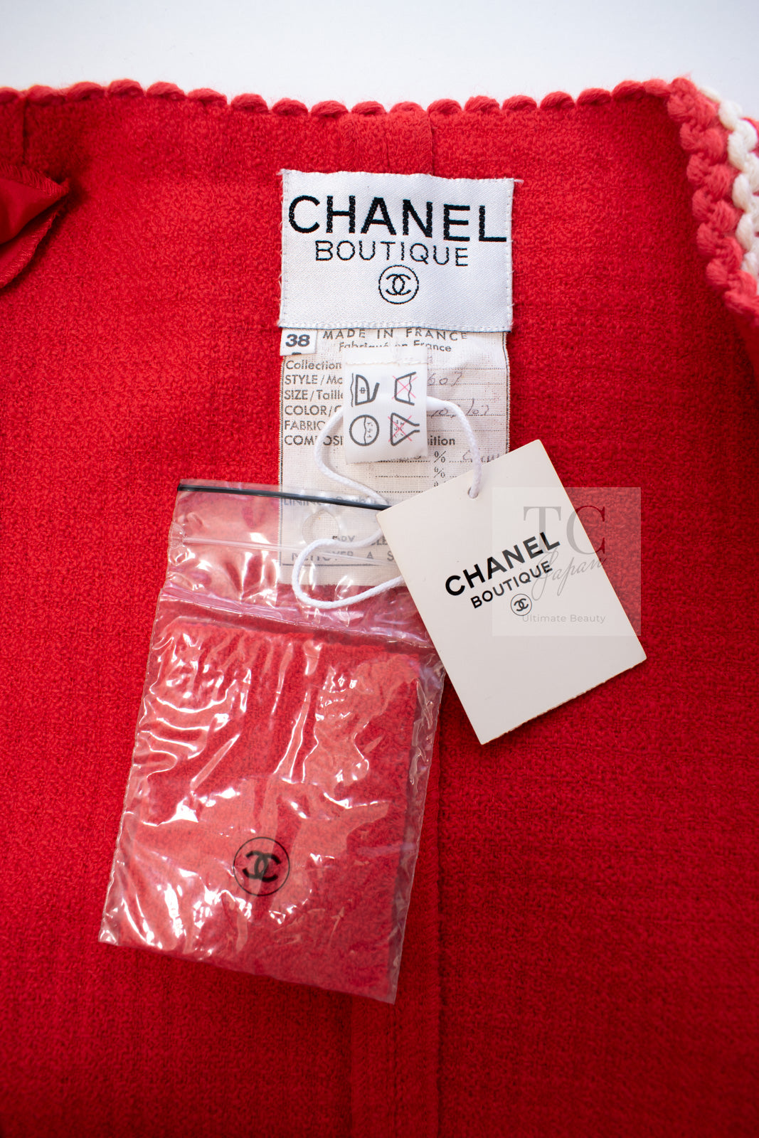CHANEL 87S Vintage Red Ivory Trimming Wool Tweed Jacket Skirt Suit 38 40 シャネル ヴィンテージ レッド アイボリー トリミング ウール ツイード ジャケット スカート スーツ 即発