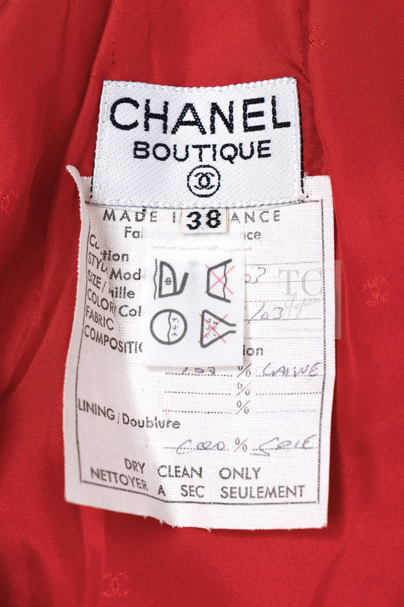 CHANEL 87S Vintage Red Ivory Trimming Wool Tweed Jacket Skirt Suit 38 40 シャネル ヴィンテージ レッド アイボリー トリミング ウール ツイード ジャケット スカート スーツ 即発
