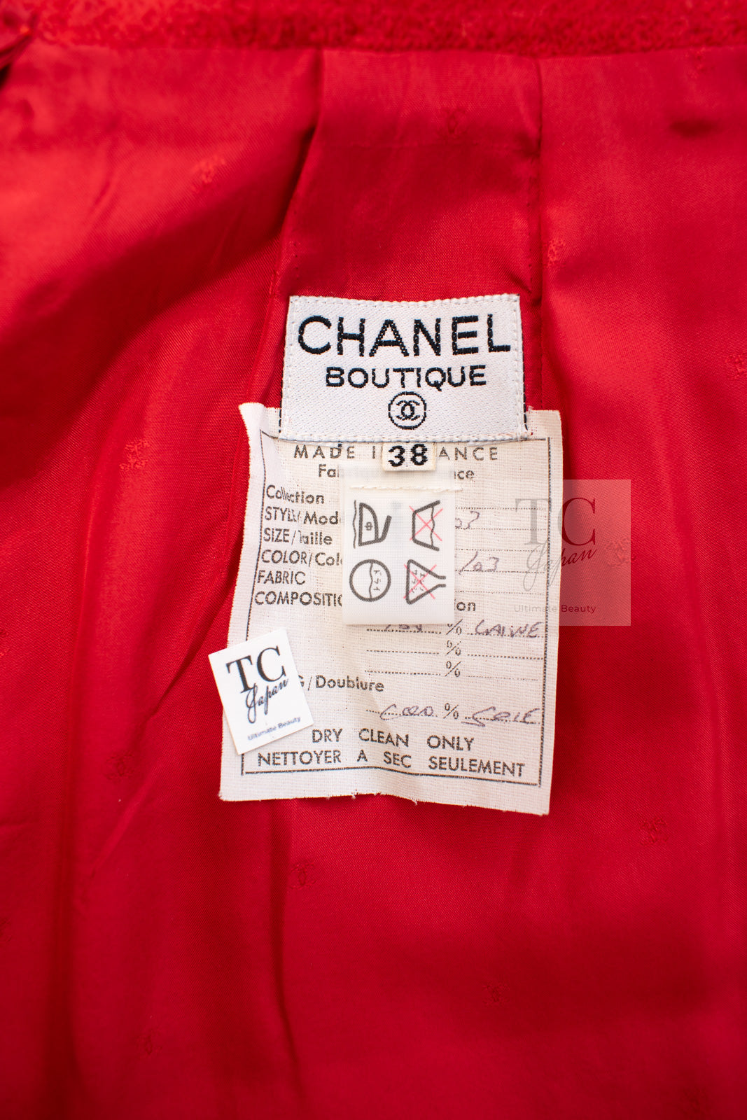 CHANEL 87S Vintage Red Ivory Trimming Wool Tweed Jacket Skirt Suit 38 40 シャネル ヴィンテージ レッド アイボリー トリミング ウール ツイード ジャケット スカート スーツ 即発