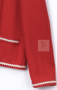 CHANEL 87S Vintage Red Ivory Trimming Wool Tweed Jacket Skirt Suit 38 40 シャネル ヴィンテージ レッド アイボリー トリミング ウール ツイード ジャケット スカート スーツ 即発