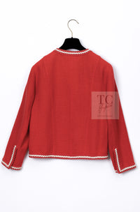 CHANEL 87S Vintage Red Ivory Trimming Wool Tweed Jacket Skirt Suit 38 40 シャネル ヴィンテージ レッド アイボリー トリミング ウール ツイード ジャケット スカート スーツ 即発