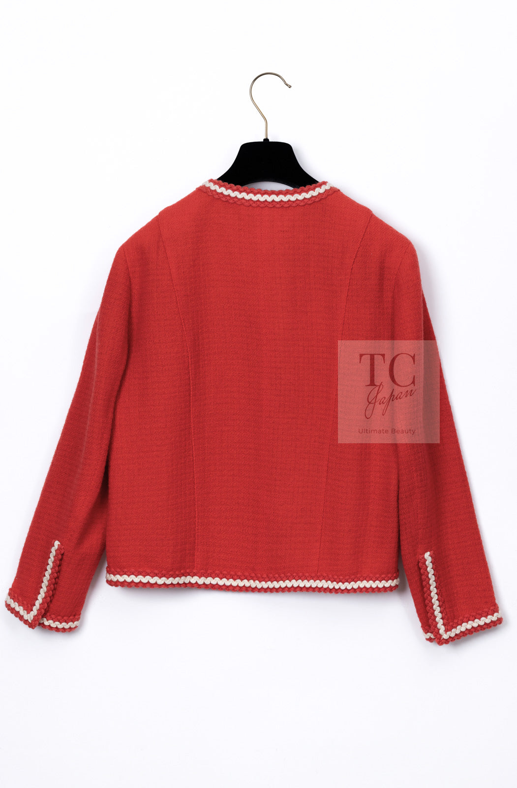 CHANEL 87S Vintage Red Ivory Trimming Wool Tweed Jacket Skirt Suit 38 40 シャネル ヴィンテージ レッド アイボリー トリミング ウール ツイード ジャケット スカート スーツ 即発