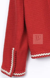 CHANEL 87S Vintage Red Ivory Trimming Wool Tweed Jacket Skirt Suit 38 40 シャネル ヴィンテージ レッド アイボリー トリミング ウール ツイード ジャケット スカート スーツ 即発