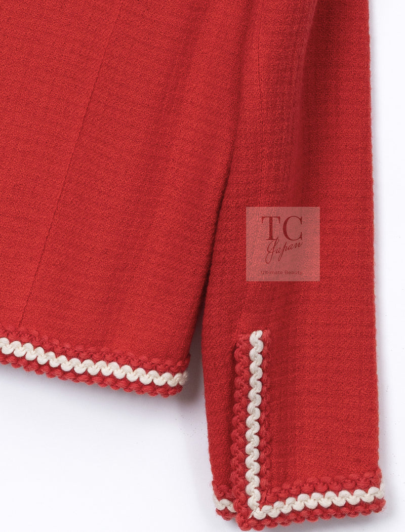 CHANEL 87S Vintage Red Ivory Trimming Wool Tweed Jacket Skirt Suit 38 40 シャネル ヴィンテージ レッド アイボリー トリミング ウール ツイード ジャケット スカート スーツ 即発