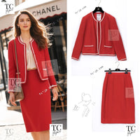 CHANEL 87S Vintage Red Ivory Trimming Wool Tweed Jacket Skirt Suit 38 40 シャネル ヴィンテージ レッド アイボリー トリミング ウール ツイード ジャケット スカート スーツ 即発