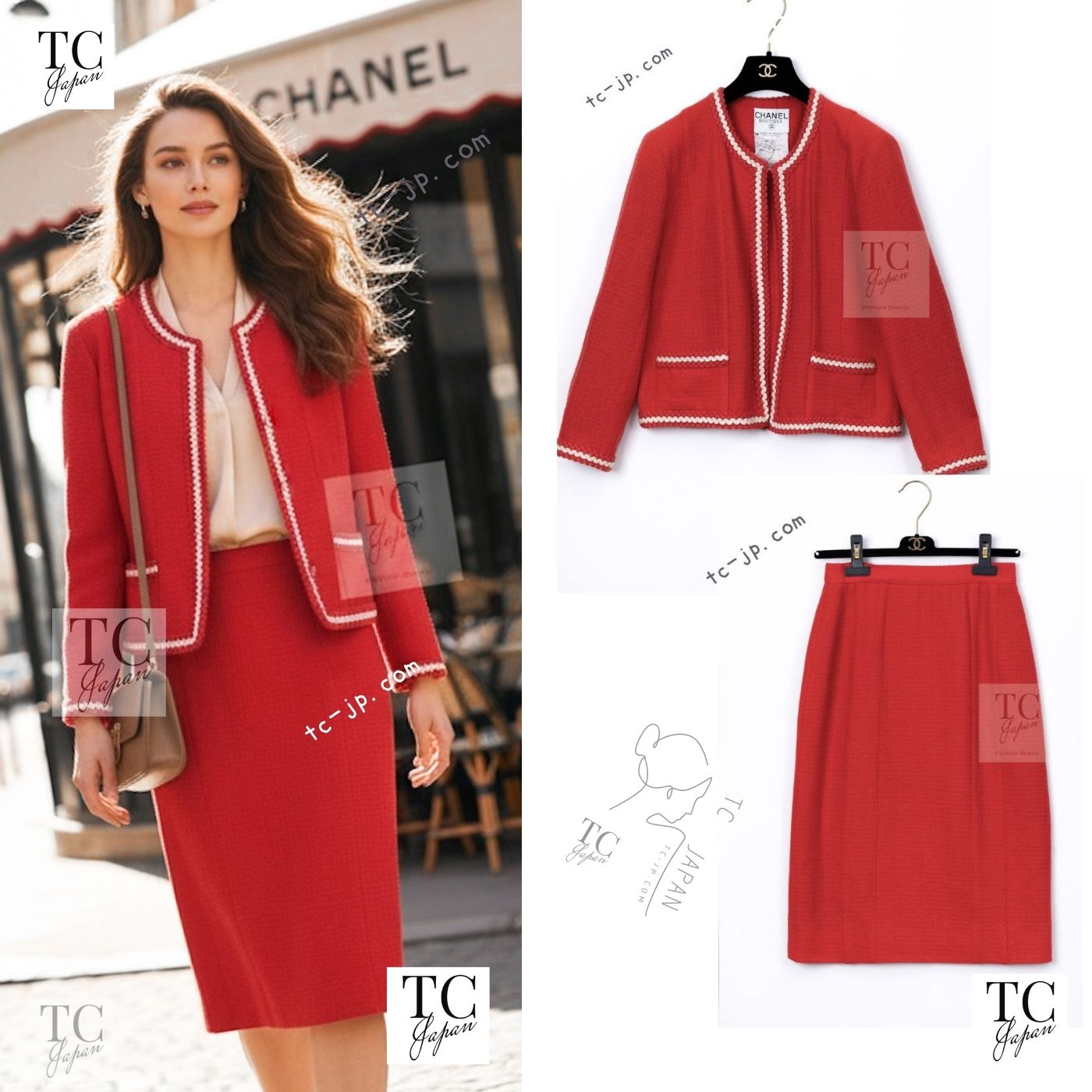CHANEL 87S Vintage Red Ivory Trimming Wool Tweed Jacket Skirt Suit 38 40 シャネル ヴィンテージ レッド アイボリー トリミング ウール ツイード ジャケット スカート スーツ 即発