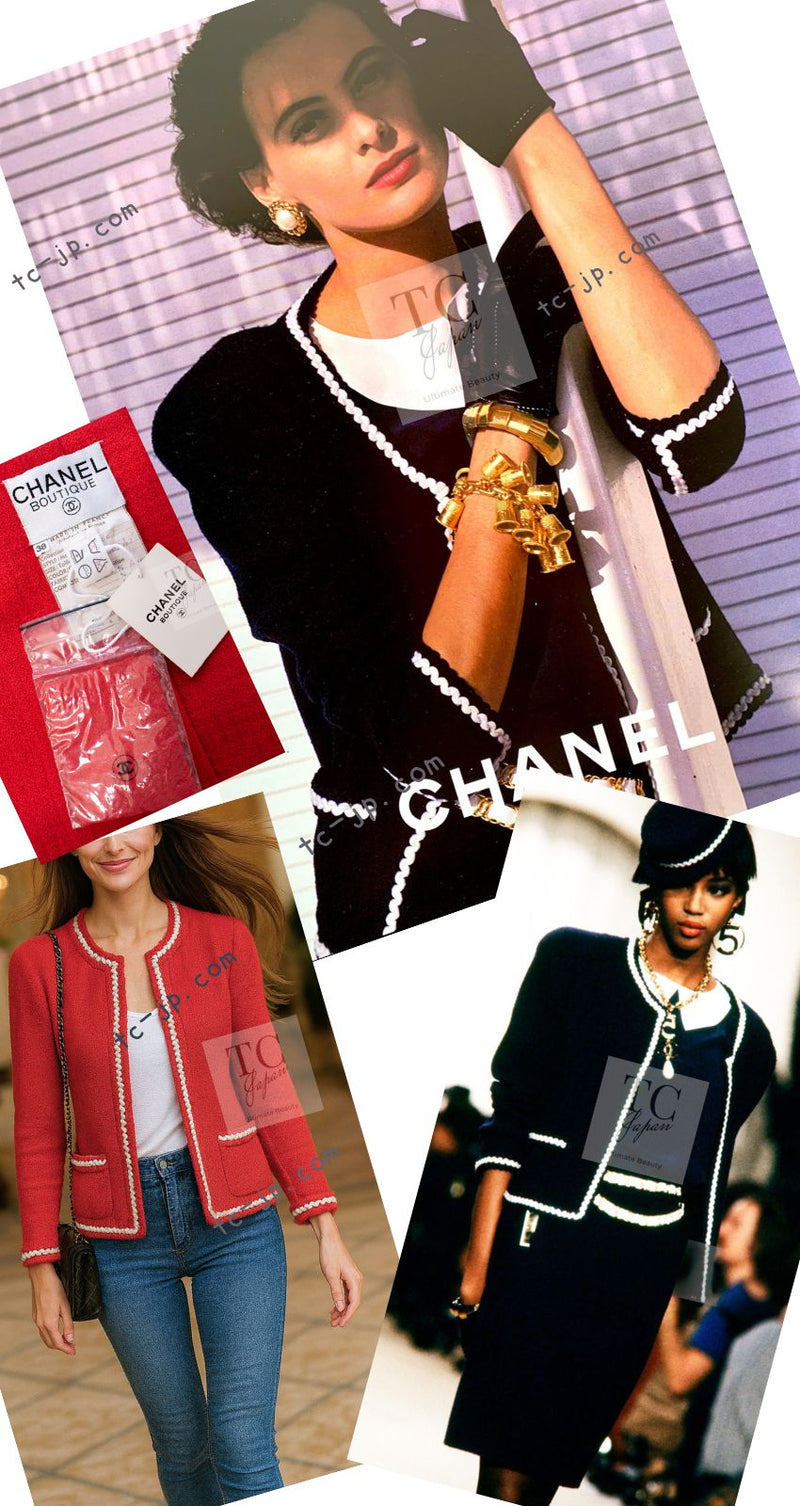 CHANEL 87S Vintage Red Ivory Trimming Wool Tweed Jacket Skirt Suit 38 40 シャネル ヴィンテージ レッド アイボリー トリミング ウール ツイード ジャケット スカート スーツ 即発