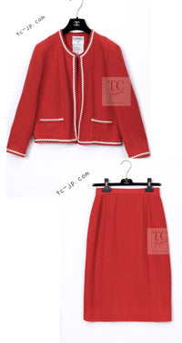 CHANEL 87S Vintage Red Ivory Trimming Wool Tweed Jacket Skirt Suit 38 40 シャネル ヴィンテージ レッド アイボリー トリミング ウール ツイード ジャケット スカート スーツ 即発
