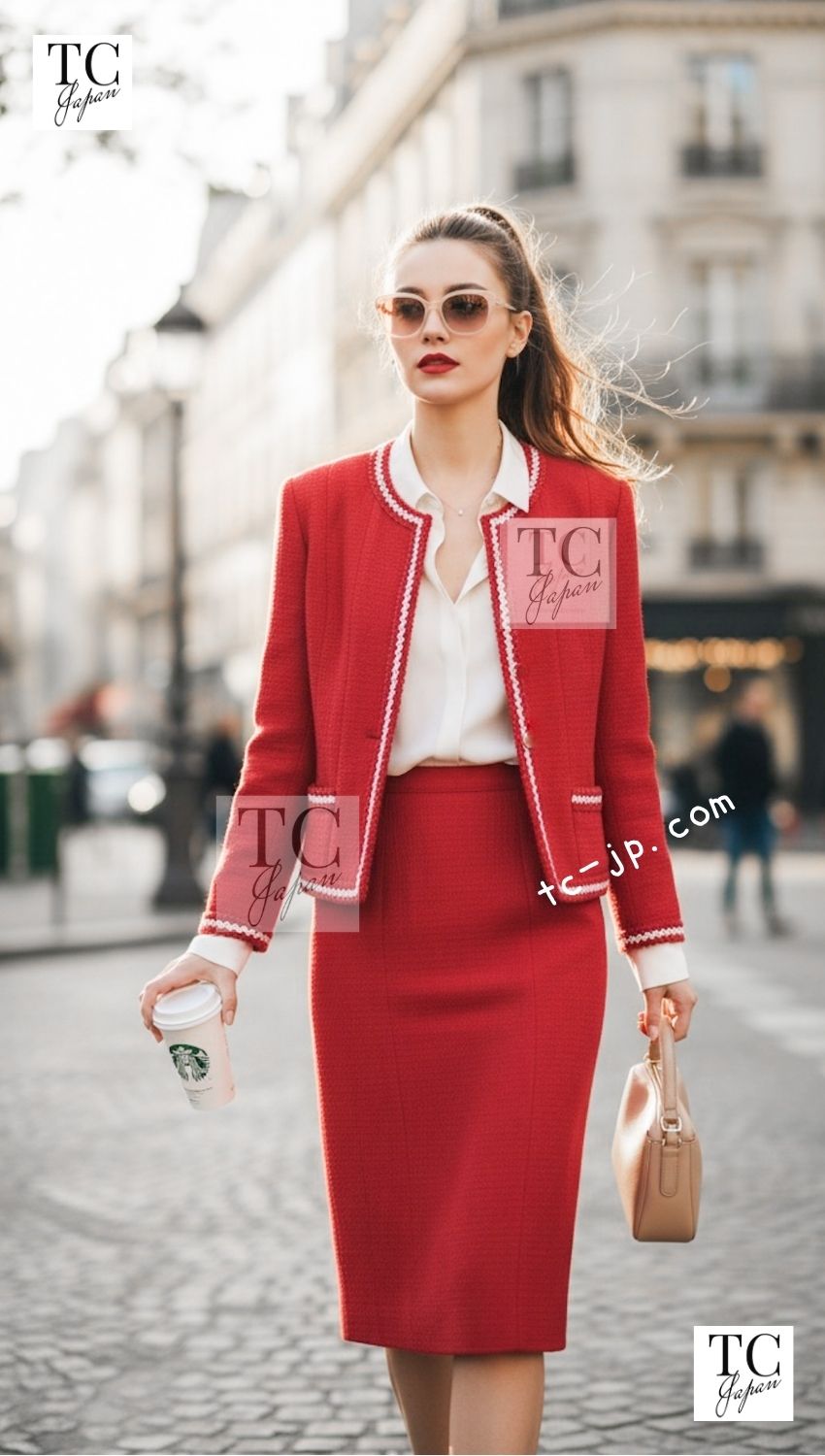 CHANEL 87S Vintage Red Ivory Trimming Wool Tweed Jacket Skirt Suit 38 40 シャネル ヴィンテージ レッド アイボリー トリミング ウール ツイード ジャケット スカート スーツ 即発