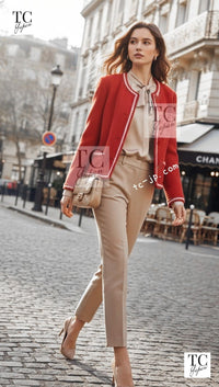 CHANEL 87S Vintage Red Ivory Trimming Wool Tweed Jacket Skirt Suit 38 40 シャネル ヴィンテージ レッド アイボリー トリミング ウール ツイード ジャケット スカート スーツ 即発