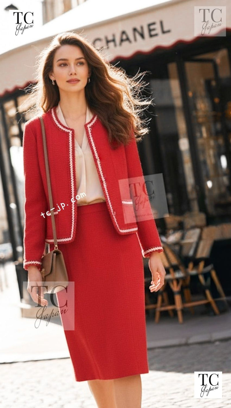 CHANEL 87S Vintage Red Ivory Trimming Wool Tweed Jacket Skirt Suit 38 40 シャネル ヴィンテージ レッド アイボリー トリミング ウール ツイード ジャケット スカート スーツ 即発
