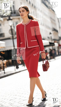 CHANEL 87S Vintage Red Ivory Trimming Wool Tweed Jacket Skirt Suit 38 40 シャネル ヴィンテージ レッド アイボリー トリミング ウール ツイード ジャケット スカート スーツ 即発