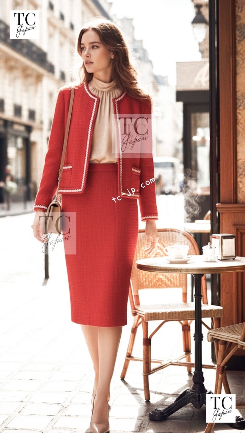 CHANEL 87S Vintage Red Ivory Trimming Wool Tweed Jacket Skirt Suit 38 40 シャネル ヴィンテージ レッド アイボリー トリミング ウール ツイード ジャケット スカート スーツ 即発