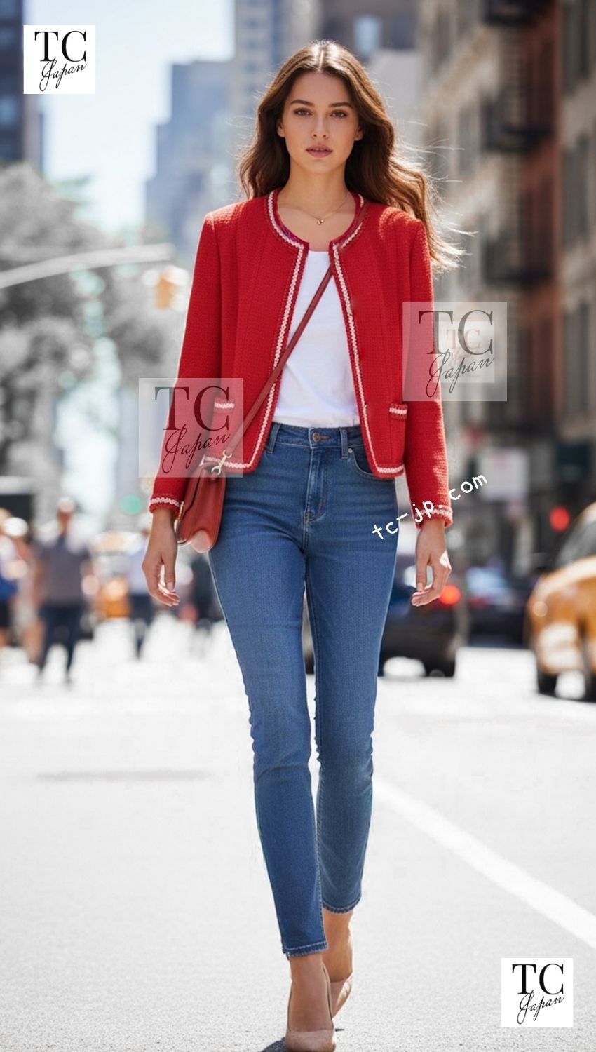 CHANEL 87S Vintage Red Ivory Trimming Wool Tweed Jacket Skirt Suit 38 40 シャネル ヴィンテージ レッド アイボリー トリミング ウール ツイード ジャケット スカート スーツ 即発