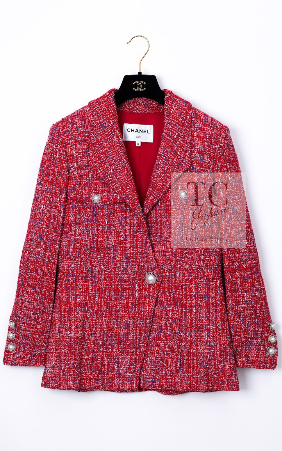 CHANEL 19PS Red Pearl Logo Buttons Cotton Tweed Jacket 40 42 シャネル レッド パール ロゴ ボタン コットン ツイード ジャケット 即発