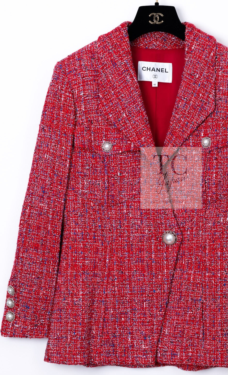 CHANEL 19PS Red Pearl Logo Buttons Cotton Tweed Jacket 40 42 シャネル レッド パール ロゴ ボタン コットン ツイード ジャケット 即発