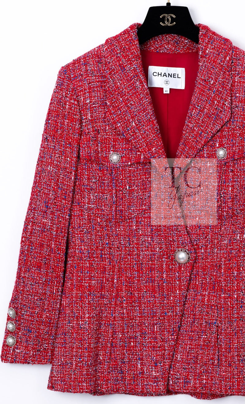 CHANEL 19PS Red Pearl Logo Buttons Cotton Tweed Jacket 40 42 シャネル レッド パール ロゴ ボタン コットン ツイード ジャケット 即発