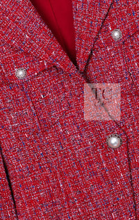 CHANEL 19PS Red Pearl Logo Buttons Cotton Tweed Jacket 40 42 シャネル レッド パール ロゴ ボタン コットン ツイード ジャケット 即発