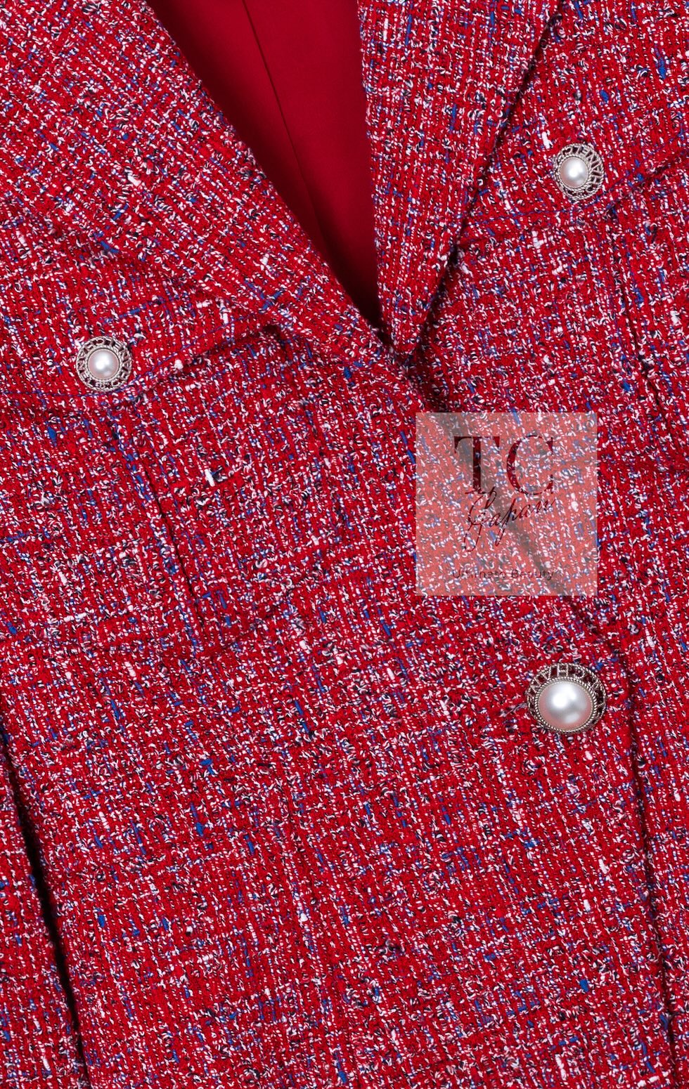 CHANEL 19PS Red Pearl Logo Buttons Cotton Tweed Jacket 40 42 シャネル レッド パール ロゴ ボタン コットン ツイード ジャケット 即発