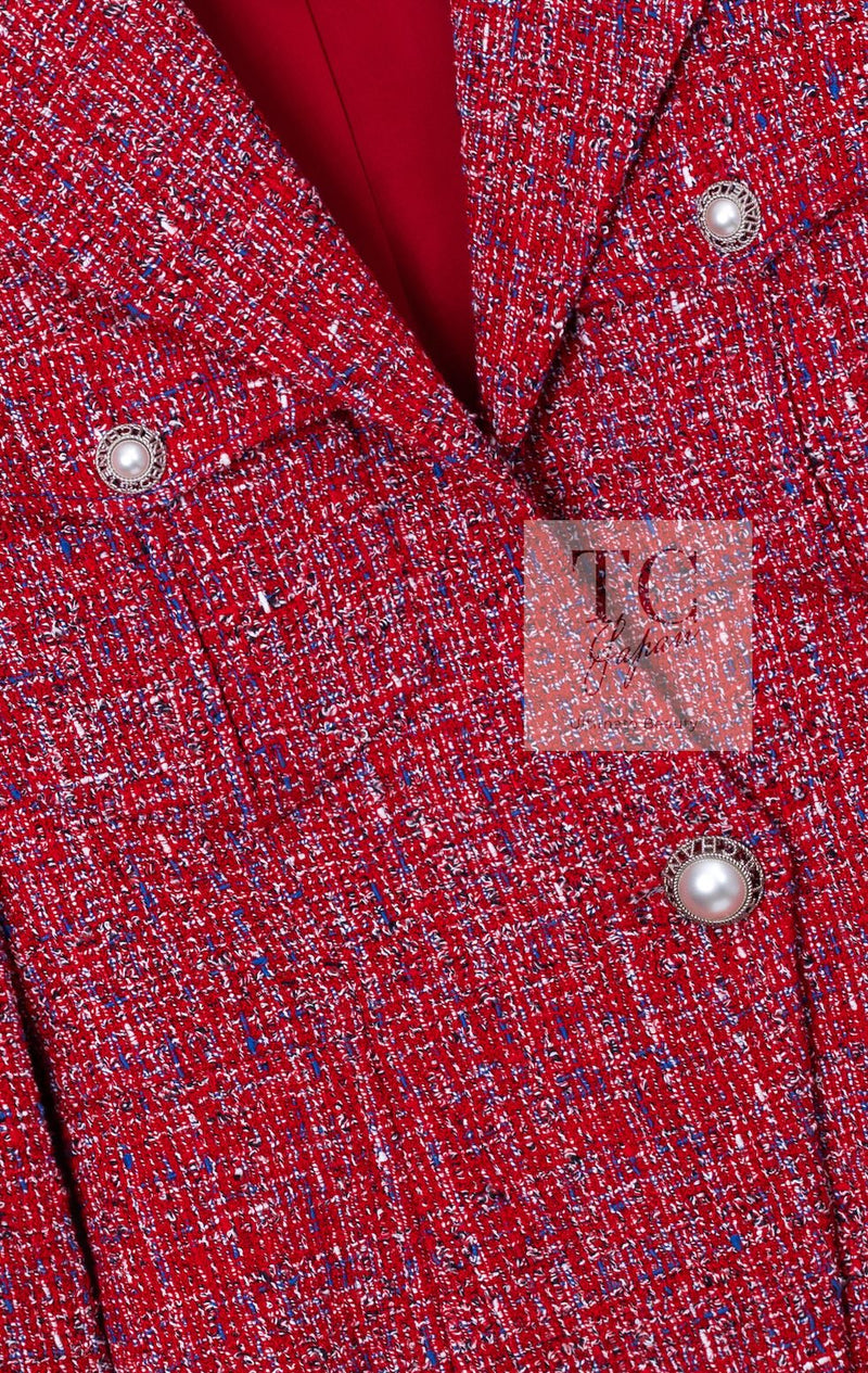 CHANEL 19PS Red Pearl Logo Buttons Cotton Tweed Jacket 40 42 シャネル レッド パール ロゴ ボタン コットン ツイード ジャケット 即発