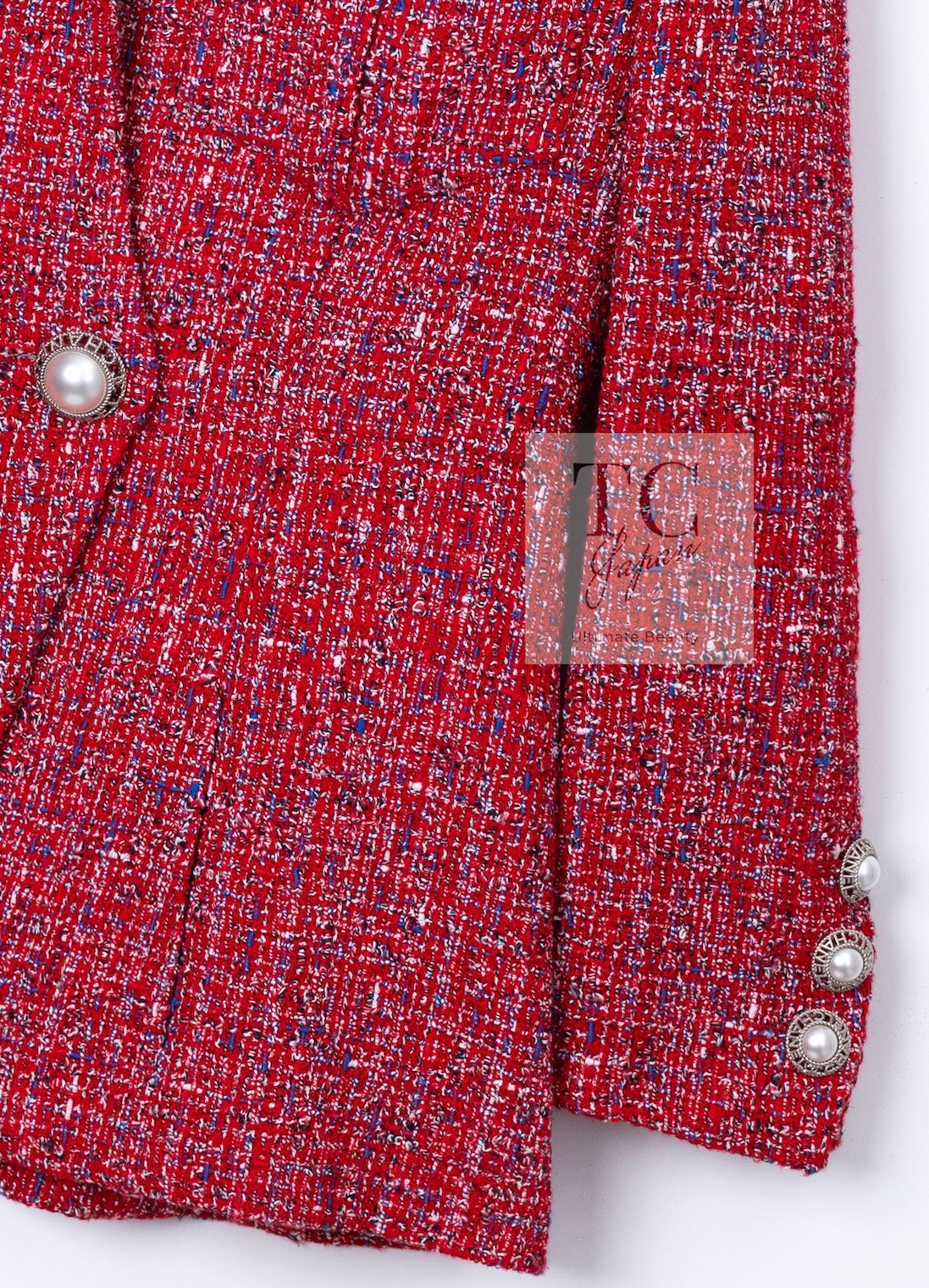 CHANEL 19PS Red Pearl Logo Buttons Cotton Tweed Jacket 40 42 シャネル レッド パール ロゴ ボタン コットン ツイード ジャケット 即発