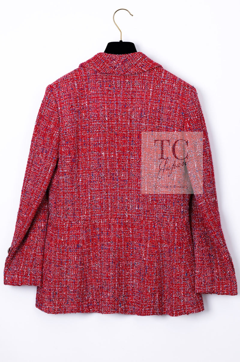 CHANEL 19PS Red Pearl Logo Buttons Cotton Tweed Jacket 40 42 シャネル レッド パール ロゴ ボタン コットン ツイード ジャケット 即発