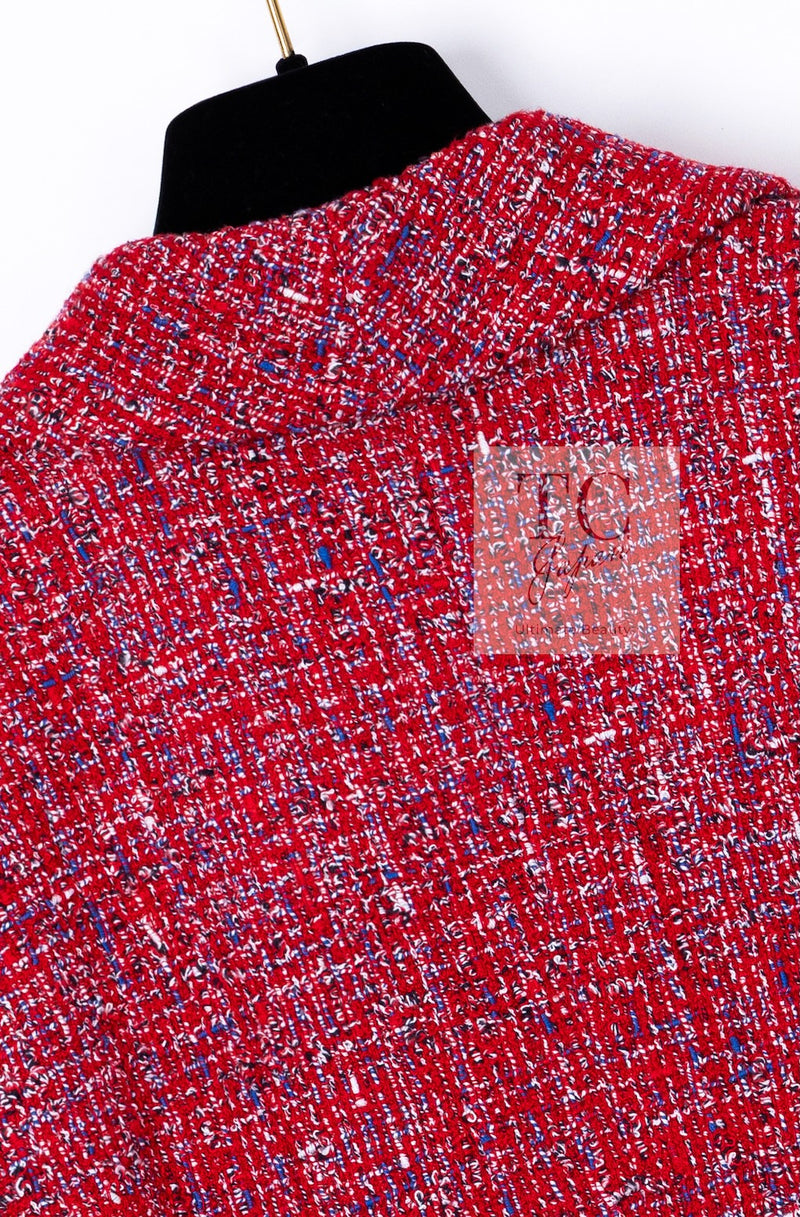 CHANEL 19PS Red Pearl Logo Buttons Cotton Tweed Jacket 40 42 シャネル レッド パール ロゴ ボタン コットン ツイード ジャケット 即発