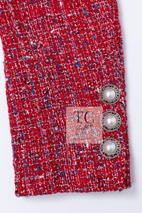 CHANEL 19PS Red Pearl Logo Buttons Cotton Tweed Jacket 40 42 シャネル レッド パール ロゴ ボタン コットン ツイード ジャケット 即発