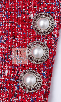 CHANEL 19PS Red Pearl Logo Buttons Cotton Tweed Jacket 40 42 シャネル レッド パール ロゴ ボタン コットン ツイード ジャケット 即発