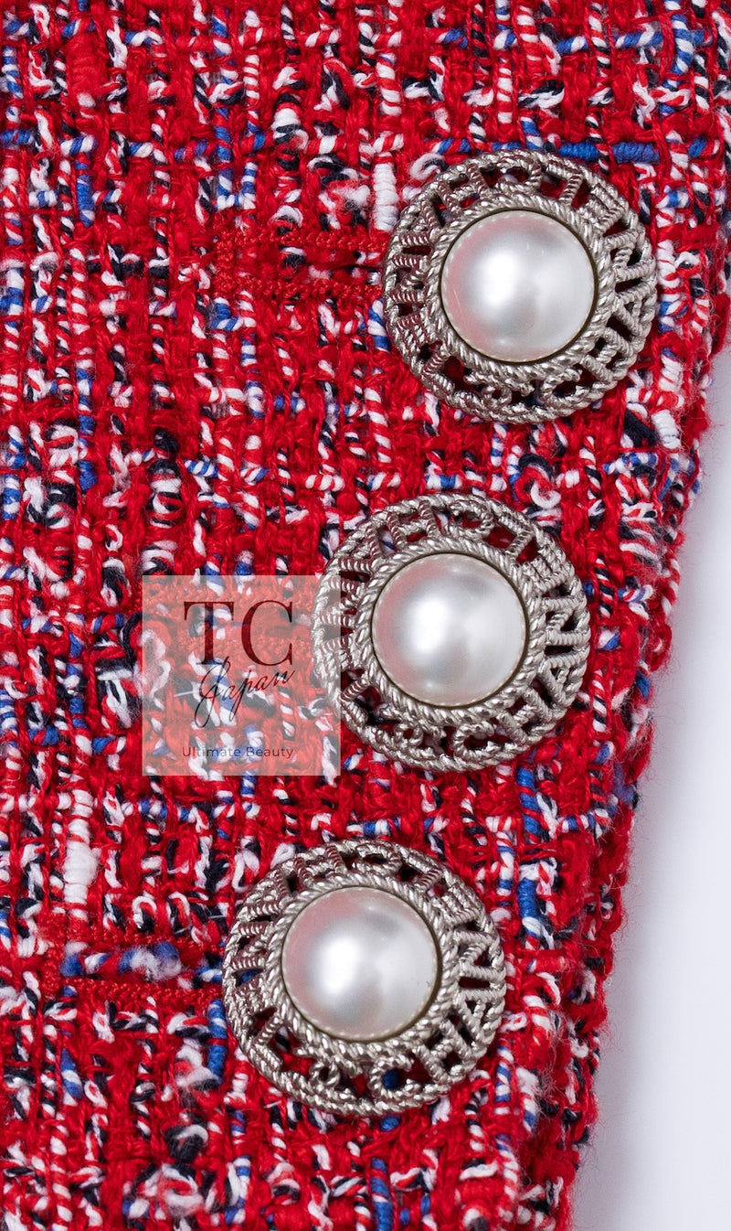 CHANEL 19PS Red Pearl Logo Buttons Cotton Tweed Jacket 40 42 シャネル レッド パール ロゴ ボタン コットン ツイード ジャケット 即発