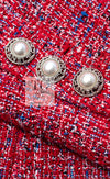 CHANEL 19PS Red Pearl Logo Buttons Cotton Tweed Jacket 40 42 シャネル レッド パール ロゴ ボタン コットン ツイード ジャケット 即発