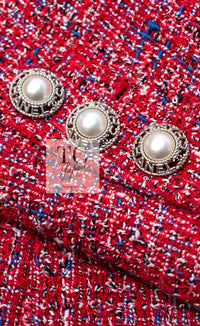 CHANEL 19PS Red Pearl Logo Buttons Cotton Tweed Jacket 40 42 シャネル レッド パール ロゴ ボタン コットン ツイード ジャケット 即発
