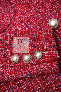 CHANEL 19PS Red Pearl Logo Buttons Cotton Tweed Jacket 40 42 シャネル レッド パール ロゴ ボタン コットン ツイード ジャケット 即発