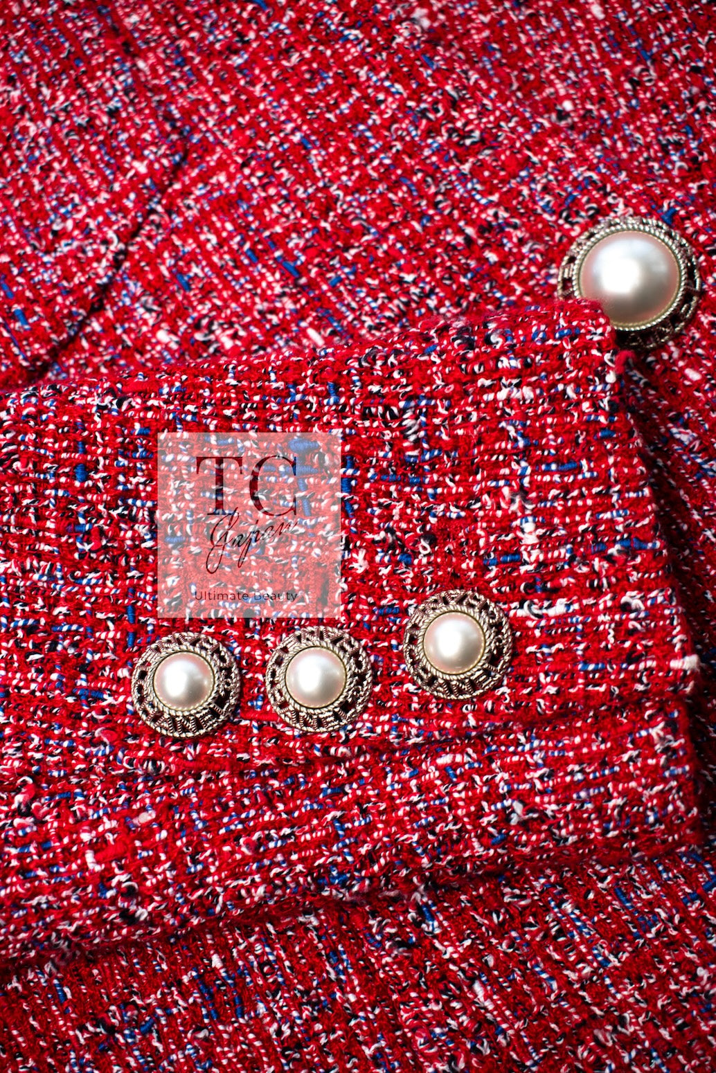 CHANEL 19PS Red Pearl Logo Buttons Cotton Tweed Jacket 40 42 シャネル レッド パール ロゴ ボタン コットン ツイード ジャケット 即発