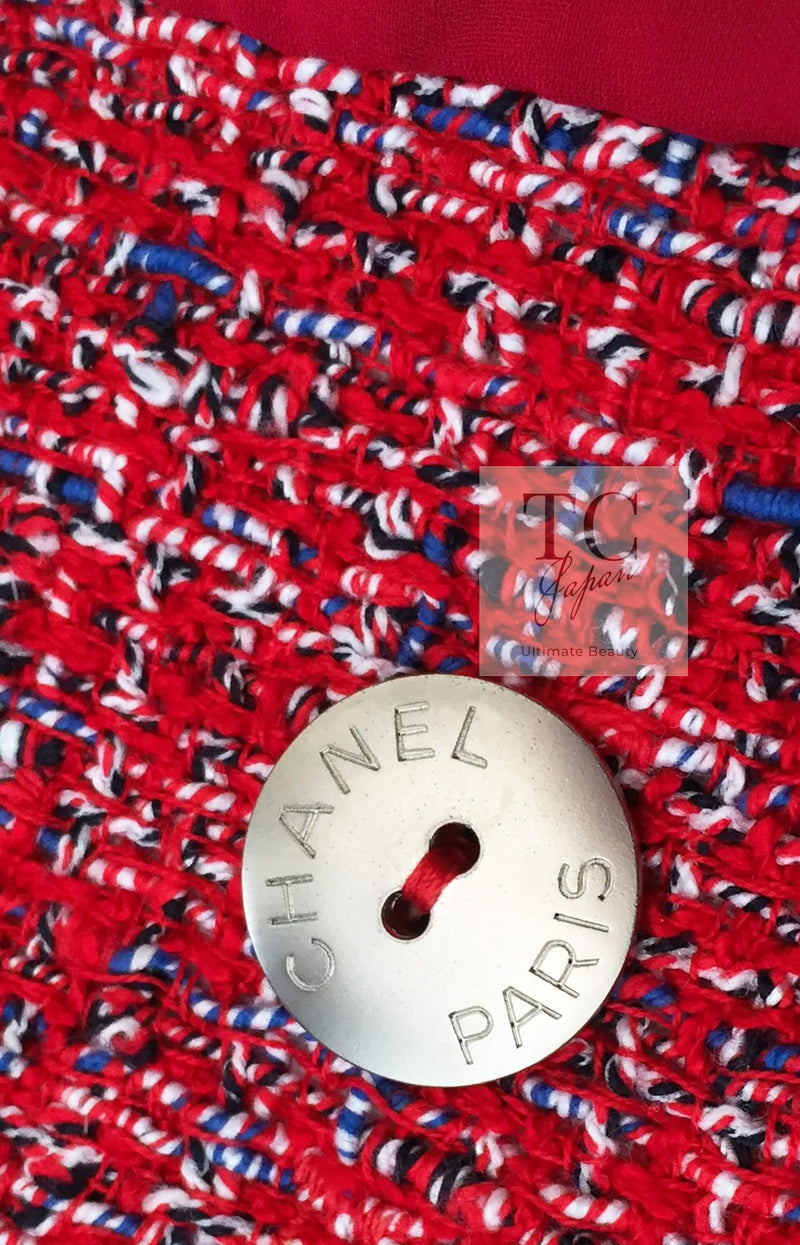 CHANEL 19PS Red Pearl Logo Buttons Cotton Tweed Jacket 40 42 シャネル レッド パール ロゴ ボタン コットン ツイード ジャケット 即発