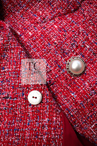 CHANEL 19PS Red Pearl Logo Buttons Cotton Tweed Jacket 40 42 シャネル レッド パール ロゴ ボタン コットン ツイード ジャケット 即発