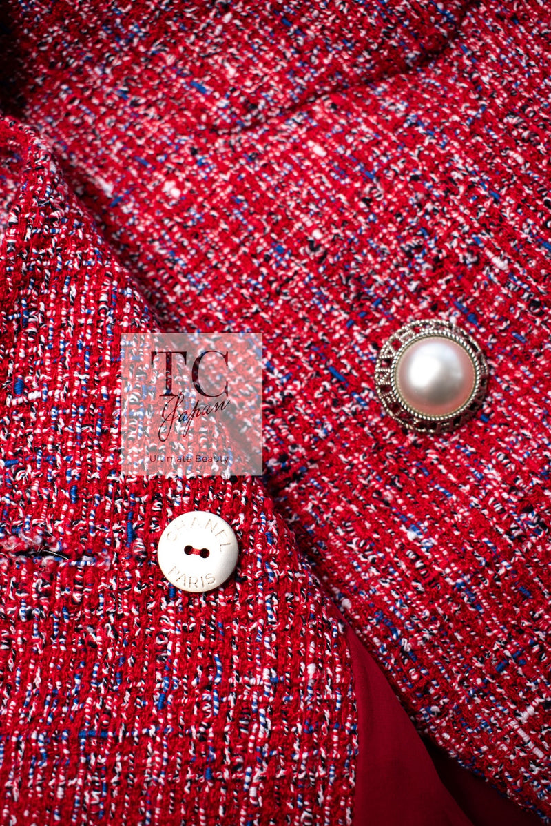 CHANEL 19PS Red Pearl Logo Buttons Cotton Tweed Jacket 40 42 シャネル レッド パール ロゴ ボタン コットン ツイード ジャケット 即発
