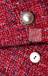 CHANEL 19PS Red Pearl Logo Buttons Cotton Tweed Jacket 40 42 シャネル レッド パール ロゴ ボタン コットン ツイード ジャケット 即発