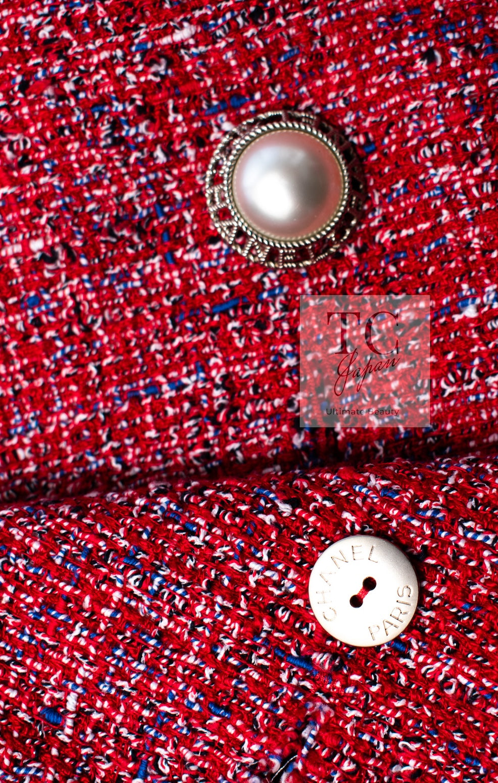 CHANEL 19PS Red Pearl Logo Buttons Cotton Tweed Jacket 40 42 シャネル レッド パール ロゴ ボタン コットン ツイード ジャケット 即発