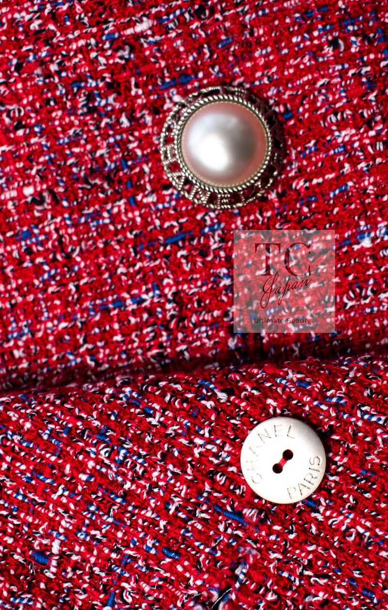 CHANEL 19PS Red Pearl Logo Buttons Cotton Tweed Jacket 40 42 シャネル レッド パール ロゴ ボタン コットン ツイード ジャケット 即発