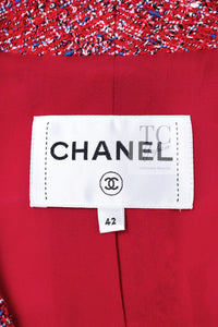CHANEL 19PS Red Pearl Logo Buttons Cotton Tweed Jacket 40 42 シャネル レッド パール ロゴ ボタン コットン ツイード ジャケット 即発